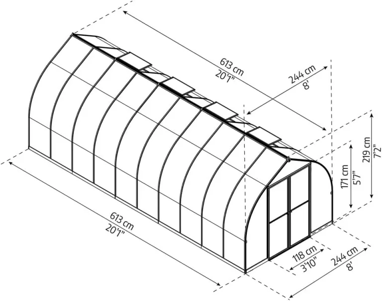 Palram-Canopia Aluminium Gewächshaus Bella 820 | 601x244 cm | Zwiebelform | 6 mm Polycarbonat-Doppelstegpaneele | Inkl. Zubehörset | UV-beständig & wetterfest | Mit Doppelflügeltür & 4 Dachfenstern – Bild 3