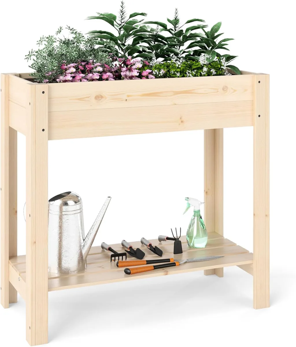 COSTWAY Hochbeet mit Ablage, Erhöhtes Gartenbeet aus Holz, Pflanzkasten mit Entwässerung, Gemüsebeet Kräuterbeet groß, für Balkon Garten Terrasse, 81 x 37 x 77 cm, Natur