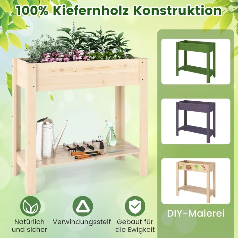 COSTWAY Hochbeet mit Ablage, Erhöhtes Gartenbeet aus Holz, Pflanzkasten mit Entwässerung, Gemüsebeet Kräuterbeet groß, für Balkon Garten Terrasse, 81 x 37 x 77 cm, Natur – Bild 5