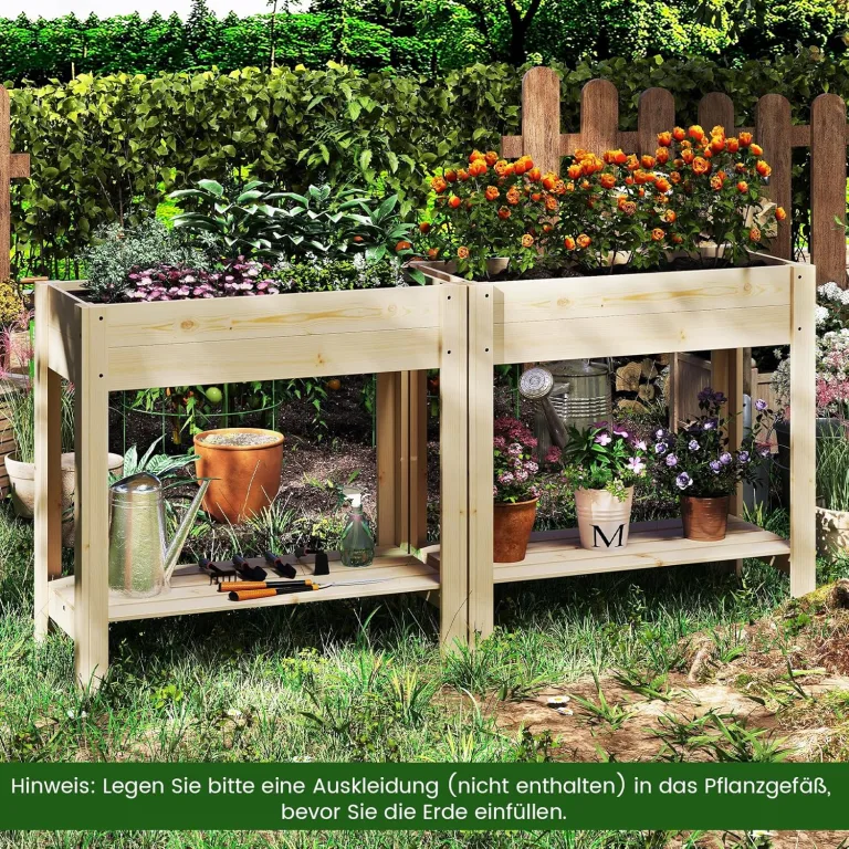 COSTWAY Hochbeet mit Ablage, Erhöhtes Gartenbeet aus Holz, Pflanzkasten mit Entwässerung, Gemüsebeet Kräuterbeet groß, für Balkon Garten Terrasse, 81 x 37 x 77 cm, Natur – Bild 8