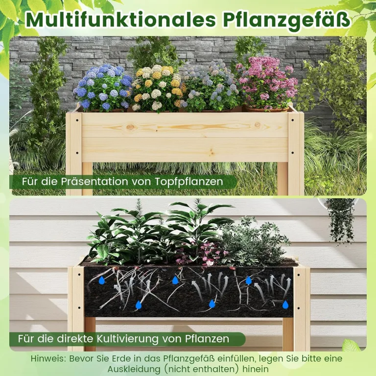 COSTWAY Hochbeet mit Ablage, Erhöhtes Gartenbeet aus Holz, Pflanzkasten mit Entwässerung, Gemüsebeet Kräuterbeet groß, für Balkon Garten Terrasse, 81 x 37 x 77 cm, Natur – Bild 4