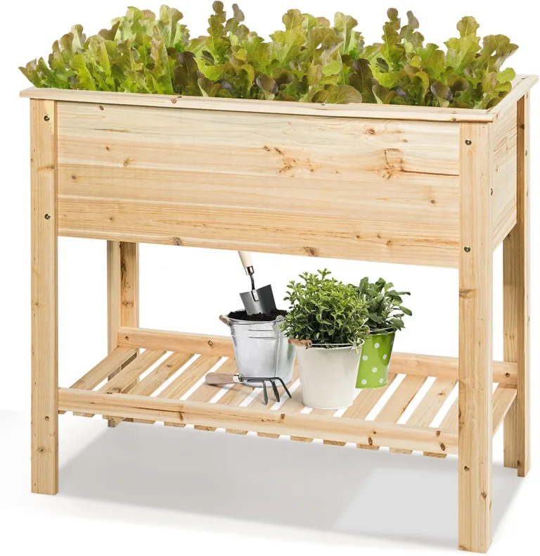 COSTWAY Hochbeet mit Ablage, Pflanzkübel Holz Pflanzkasten Blumenbeet Kräuterbeet Pflanztrog, Pflanzbeet groß Anzuchtbeet im Garten Balkon, 92 x 41 x 81 cm, Natur – Bild 1