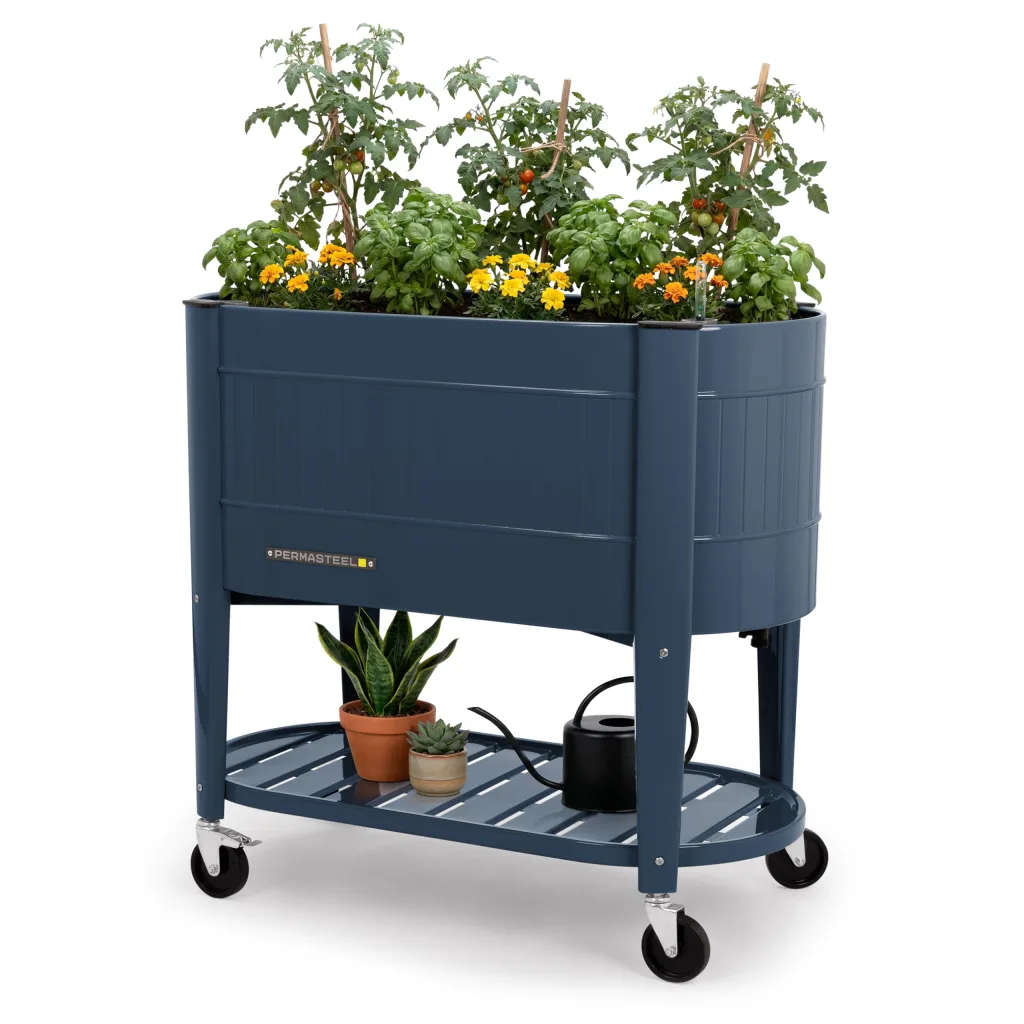 Permasteel Hochbeet mit Beinen, Pflanzkasten mit EnGrow™ TrueSoil™ Technologie für Gemüse, Blumen, Kräuter und Obst, Outdoor Indoor, Ablageregal, Lenkrollen, Blau
