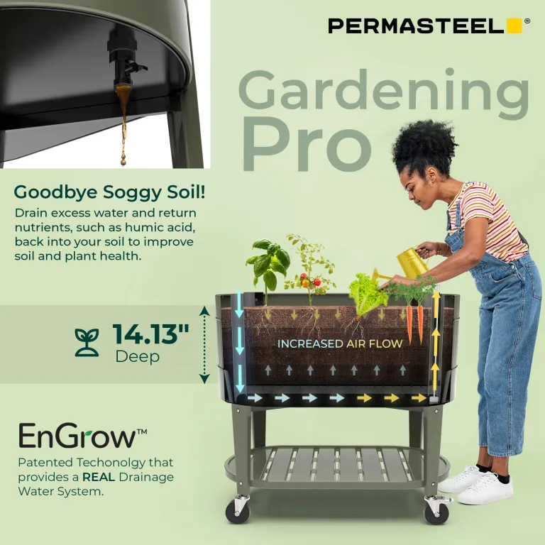 Permasteel Hochbeet mit Beinen, Pflanzkasten mit EnGrow™ TrueSoil™ Technologie für Gemüse, Blumen, Kräuter und Obst, Outdoor Indoor, Lagerregal, Lenkrollen, Grün – Bild 5
