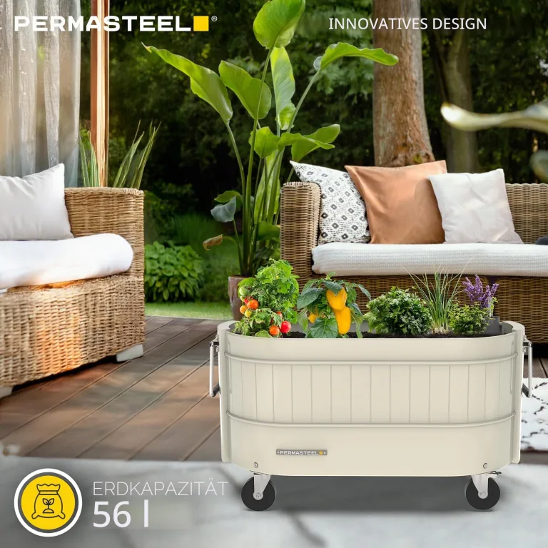 Permasteel Selbstbewässerndes Gartenbeet, rollender Übertopf für Gemüse, Blumen, Kräuter und Obst, für den Innen- und Außenbereich, mit Rollen, elfenbeinfarben – Bild 2