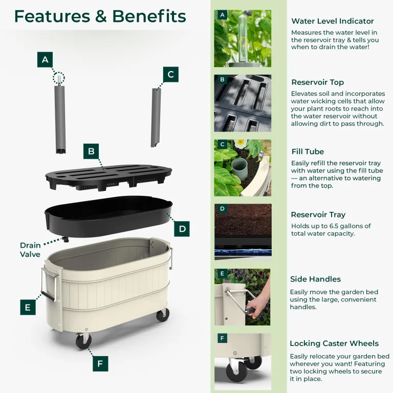 Permasteel Selbstbewässerndes Gartenbeet, rollender Übertopf für Gemüse, Blumen, Kräuter und Obst, für den Innen- und Außenbereich, mit Rollen, elfenbeinfarben – Bild 7