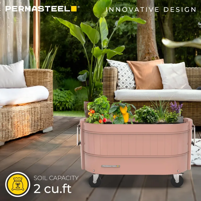 Permasteel selbstbewässerndes Gartenbeet, rollender Pflanztopf für Gemüse, Blumen, Kräuter und Obst, für drinnen und draußen, mit Rädern, Rosa – Bild 2