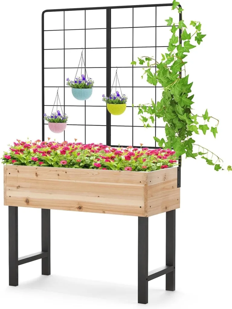 HOMASIS Pflanzkasten mit Rankgitter, Pflanzkübel mit Metallspalier, Hochbeet aus Holz, Blumenkasten Pflanzgefäß Rankkasten Gartenspalier Rankhilfe für Balkon, Garten, Terrasse, 79x35x108cm, Natur – Bild 1