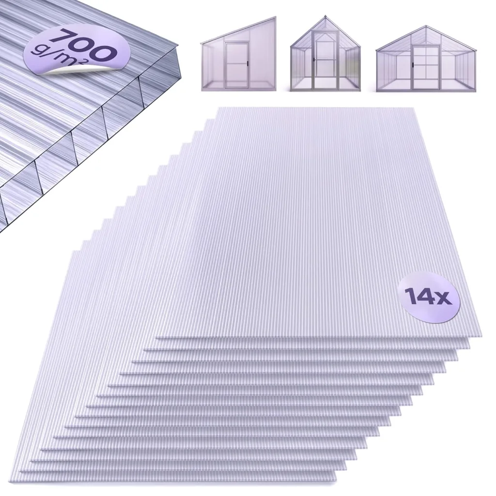 Arebos Hohlkammerstegplatten 14er Set | 121 x 60,5 cm | Polycarbonat Platten 4 mm stark | UV-beständig | 700 g/m² | Transparent | für Gewächshaus, Carport, Frühbeet, Überdachung