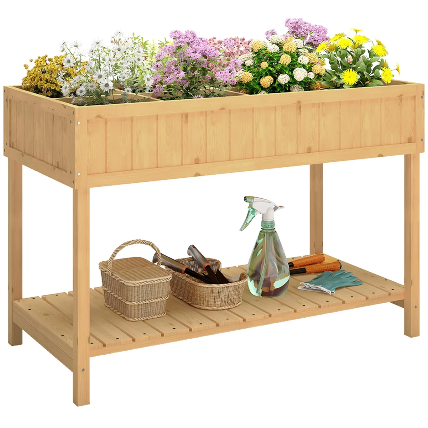 Outsunny Hochbeet mit Regal, erhöhtes Kräuterbeet mit Ablauflöcher, 8 Fächer, Pflanzkasten aus Holz, wetterbeständig Pflanzbeet Gemüsebeet für Garten, Balkon, 110 x 46 x 76 cm Naturholz - Bild 1