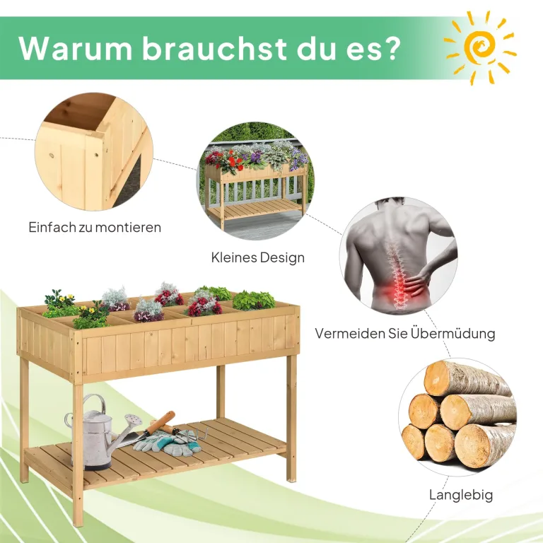 Outsunny Hochbeet mit Regal, erhöhtes Kräuterbeet mit Ablauflöcher, 8 Fächer, Pflanzkasten aus Holz, wetterbeständig Pflanzbeet Gemüsebeet für Garten, Balkon, 110 x 46 x 76 cm Naturholz – Bild 3