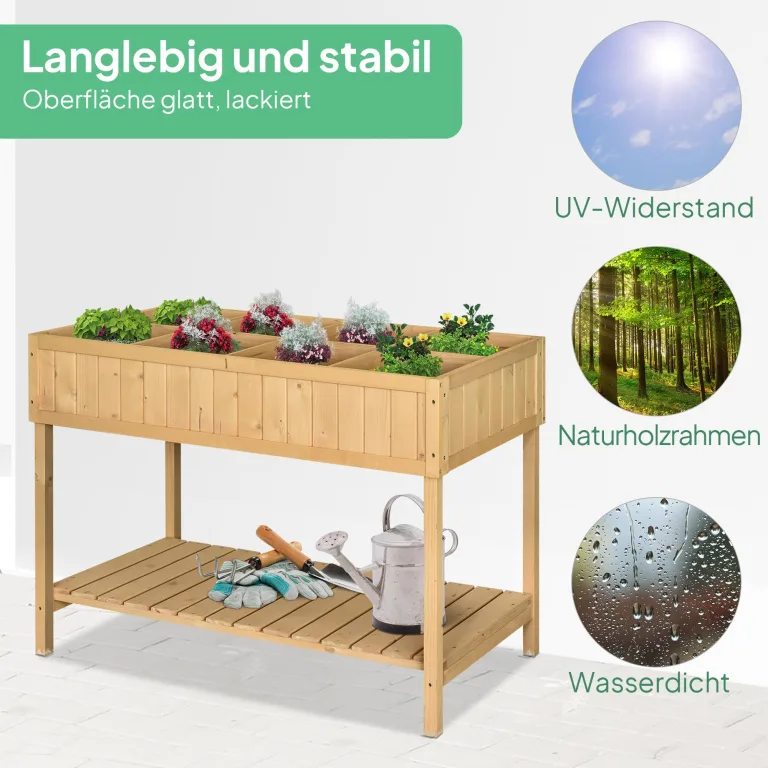 Outsunny Hochbeet mit Regal, erhöhtes Kräuterbeet mit Ablauflöcher, 8 Fächer, Pflanzkasten aus Holz, wetterbeständig Pflanzbeet Gemüsebeet für Garten, Balkon, 110 x 46 x 76 cm Naturholz – Bild 4