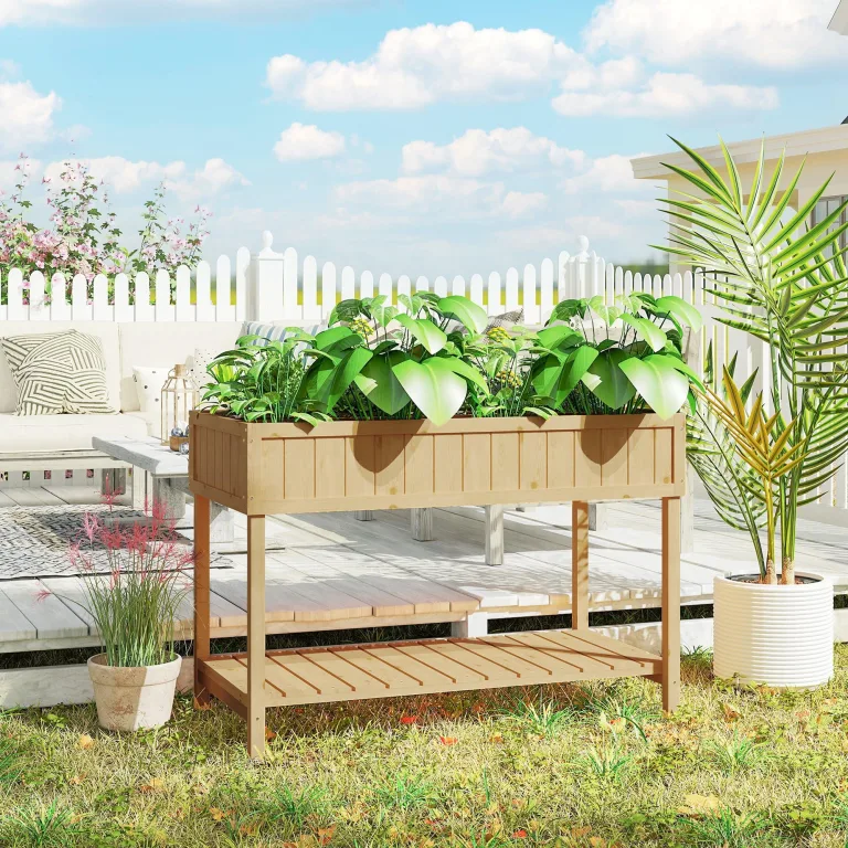 Outsunny Hochbeet mit Regal, erhöhtes Kräuterbeet mit Ablauflöcher, 8 Fächer, Pflanzkasten aus Holz, wetterbeständig Pflanzbeet Gemüsebeet für Garten, Balkon, 110 x 46 x 76 cm Naturholz – Bild 8