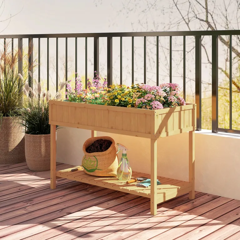 Outsunny Hochbeet mit Regal, erhöhtes Kräuterbeet mit Ablauflöcher, 8 Fächer, Pflanzkasten aus Holz, wetterbeständig Pflanzbeet Gemüsebeet für Garten, Balkon, 110 x 46 x 76 cm Naturholz – Bild 9
