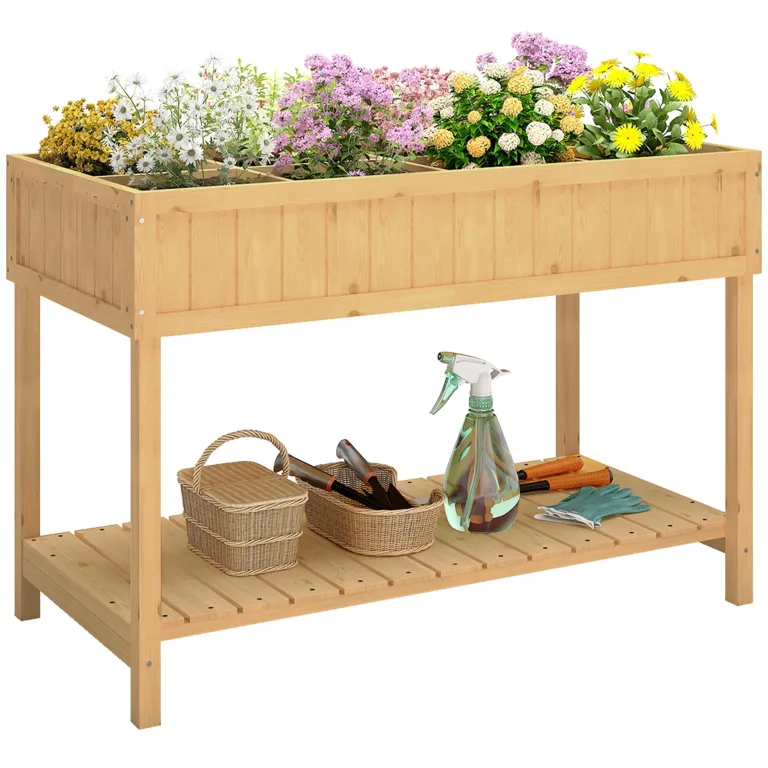 Outsunny Hochbeet mit Regal, erhöhtes Kräuterbeet mit Ablauflöcher, 8 Fächer, Pflanzkasten aus Holz, wetterbeständig Pflanzbeet Gemüsebeet für Garten, Balkon, 110 x 46 x 76 cm Naturholz – Bild 1