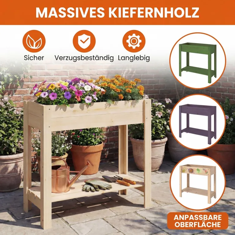 GOPLUS Hochbeet ohne Rollen, Gartenbeet mit Ablage & Abflusslöcher, Pflanzbeet aus Tannenholz für Garten & Terrasse, Natur (80 x 37 x 78 cm,ohne Rollen) – Bild 7