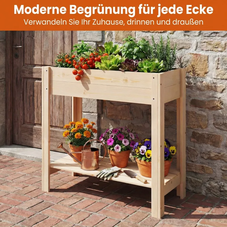 GOPLUS Hochbeet ohne Rollen, Gartenbeet mit Ablage & Abflusslöcher, Pflanzbeet aus Tannenholz für Garten & Terrasse, Natur (80 x 37 x 78 cm,ohne Rollen) – Bild 8