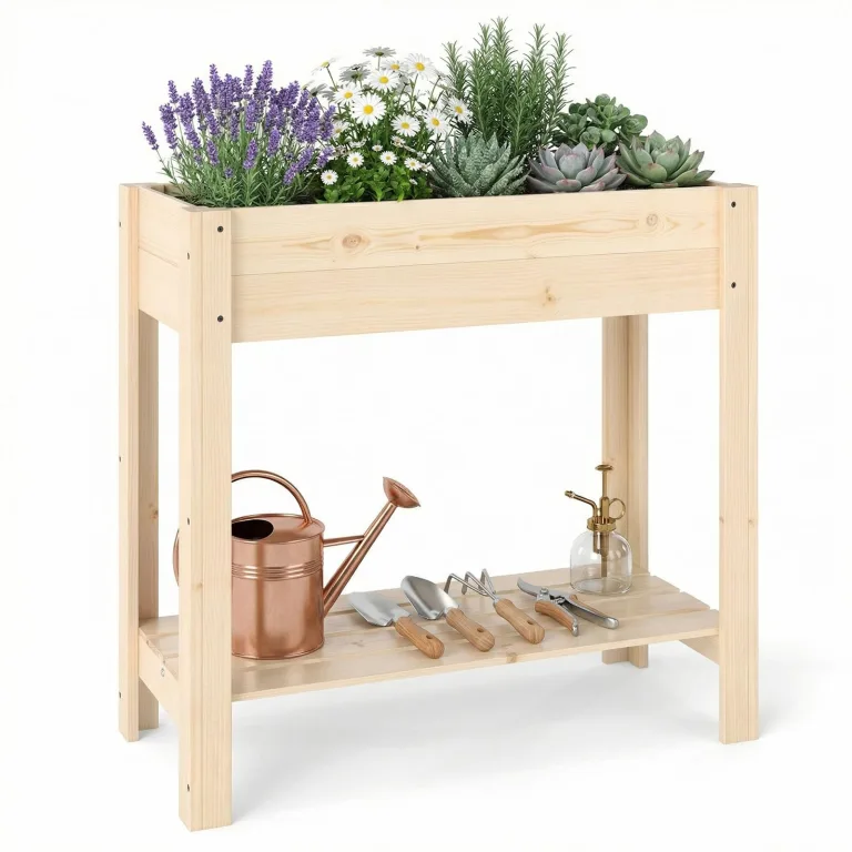 GOPLUS Hochbeet ohne Rollen, Gartenbeet mit Ablage & Abflusslöcher, Pflanzbeet aus Tannenholz für Garten & Terrasse, Natur (80 x 37 x 78 cm,ohne Rollen) – Bild 1