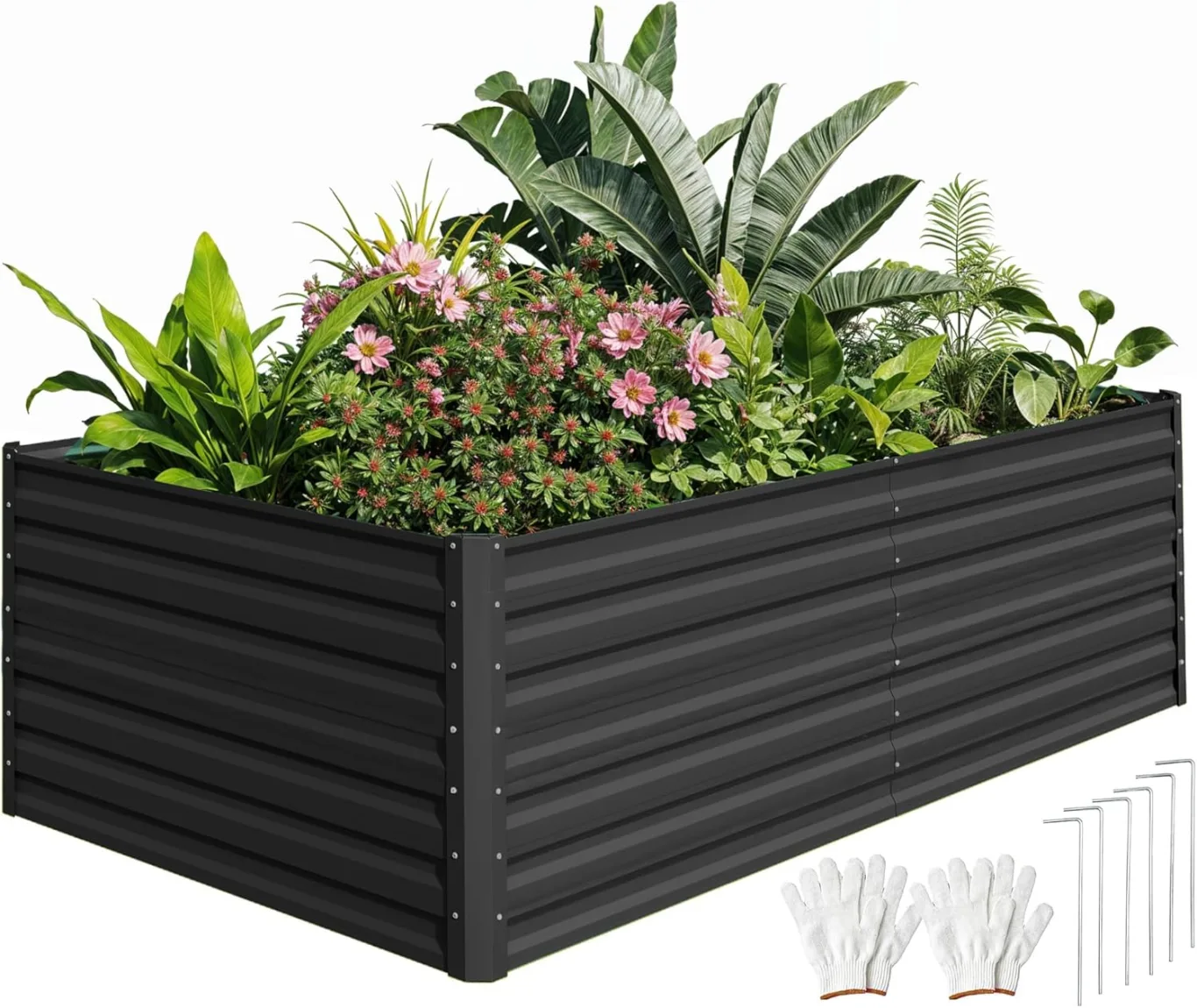 DWVO Hochbeet Metall 240x120x60cm mit Handschuhen, Gartenhochbeet aus Stahl, Rostfrei & Wetterfest, Stabiles verzinktes Beet mit Sicherheitsgummi für Gemüse Blumen Obst, Schwarz - Bild 1