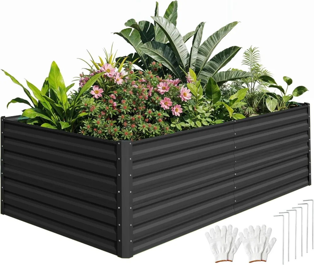 DWVO Hochbeet Metall 240x120x60cm mit Handschuhen, Gartenhochbeet aus Stahl, Rostfrei & Wetterfest, Stabiles verzinktes Beet mit Sicherheitsgummi für Gemüse Blumen Obst, Schwarz