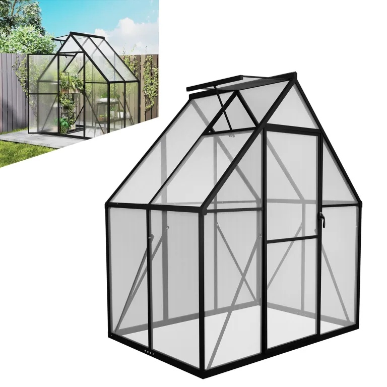 LZQ Gartengewächshaus Aluminium mit Fundament 380x250x205 cm Gewächshaus Pflanzenhaus mit Schiebetür und Dachfenster Treibhaus Gartenhaus Winterfest Aufzucht Tomatenhaus (8x12 ft) – Bild 10