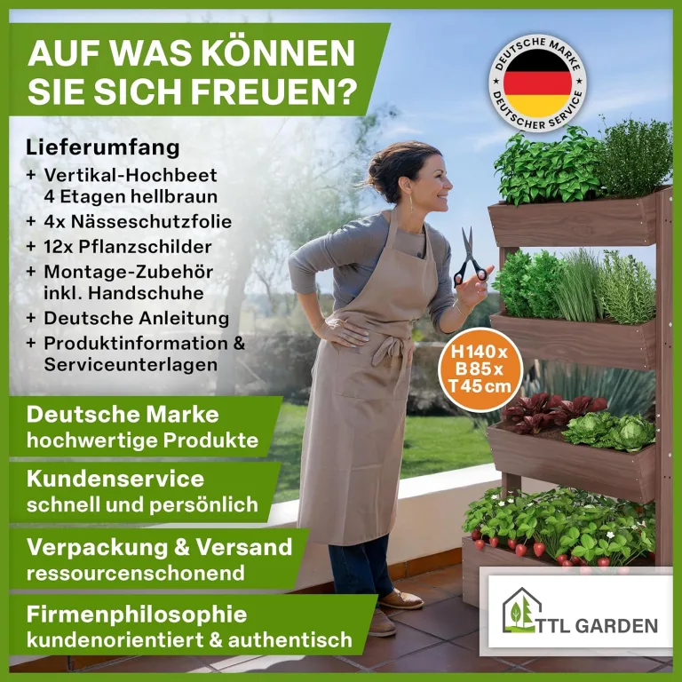 TTL GARDEN Vertikal Hochbeet 4 Etagen aus Holz 140x85x45cm braun - Vertikalbeet & Kräuterhochbeet mit 4 Etagen & Folie - Tannenholz wetterfest - Blumenkasten Kräutertreppe für Balkon Garten Terrasse – Bild 8