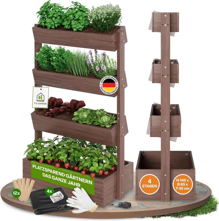 TTL GARDEN Vertikal Hochbeet 4 Etagen aus Holz 140x85x45cm braun - Vertikalbeet & Kräuterhochbeet mit 4 Etagen & Folie - Tannenholz wetterfest - Blumenkasten Kräutertreppe für Balkon Garten Terrasse – Bild 1