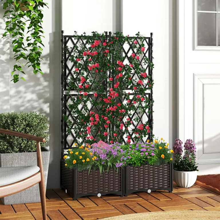 GOPLUS Blumenkasten mit Rankgitter, Hochbeet mit Spalier für Kletterpflanzen & Topfpflanzen, Tiefes Pflanzbeet mit Drainagelöchern für Balkon, Hinterhof & Garten (Schwarz,80 x 40 x 126 cm) – Bild 9