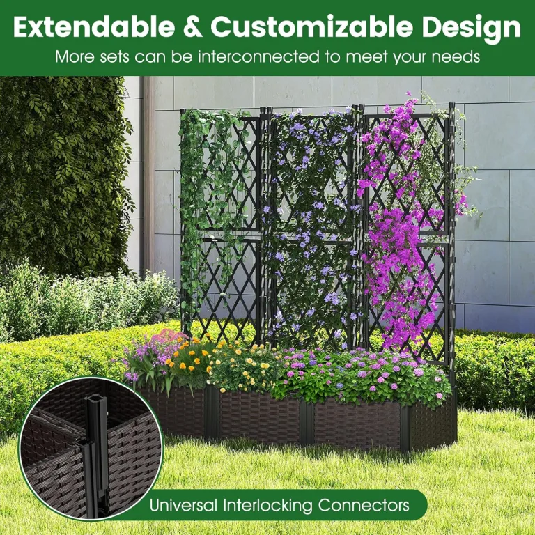 GOPLUS Blumenkasten mit Rankgitter, Hochbeet mit Spalier für Kletterpflanzen & Topfpflanzen, Tiefes Pflanzbeet mit Drainagelöchern für Balkon, Hinterhof & Garten (Schwarz,80 x 40 x 126 cm) – Bild 10
