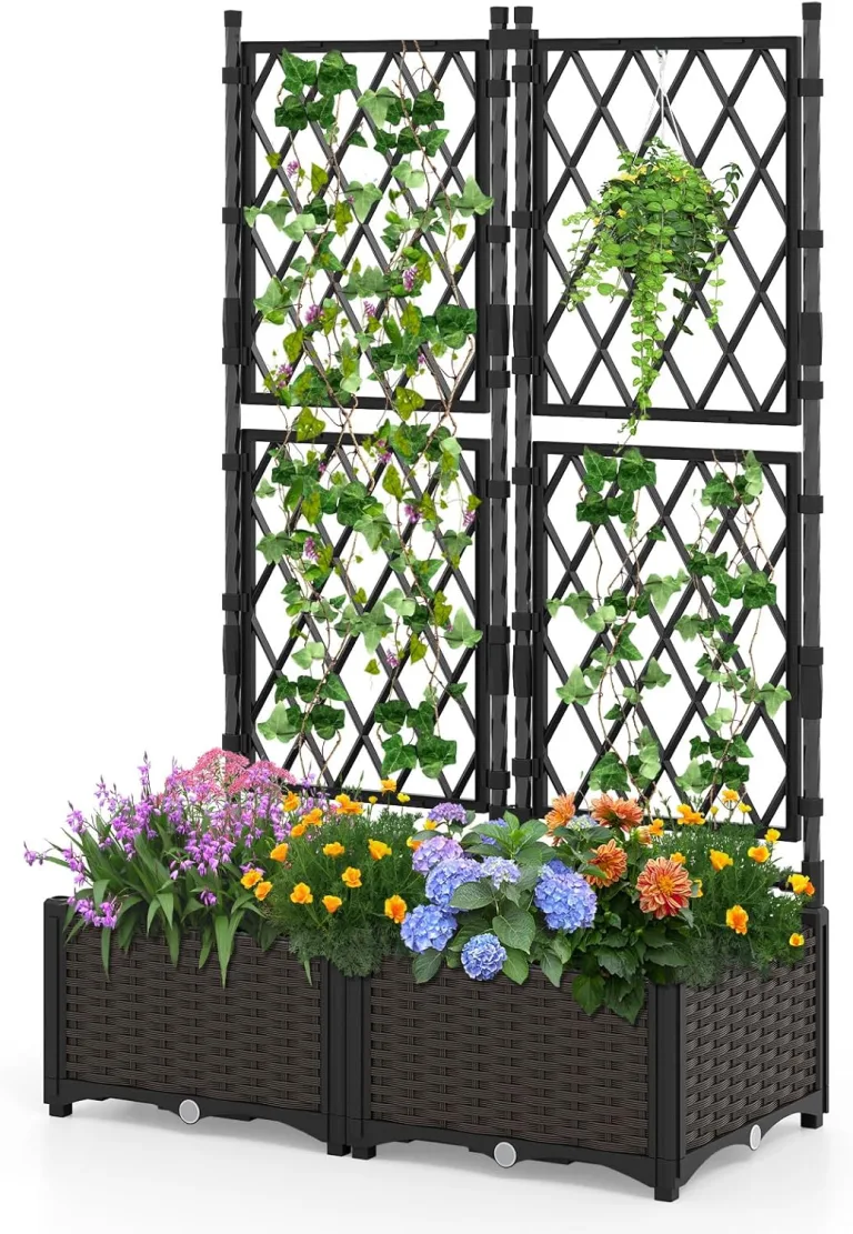 GOPLUS Blumenkasten mit Rankgitter, Hochbeet mit Spalier für Kletterpflanzen & Topfpflanzen, Tiefes Pflanzbeet mit Drainagelöchern für Balkon, Hinterhof & Garten (Schwarz,80 x 40 x 126 cm) – Bild 1