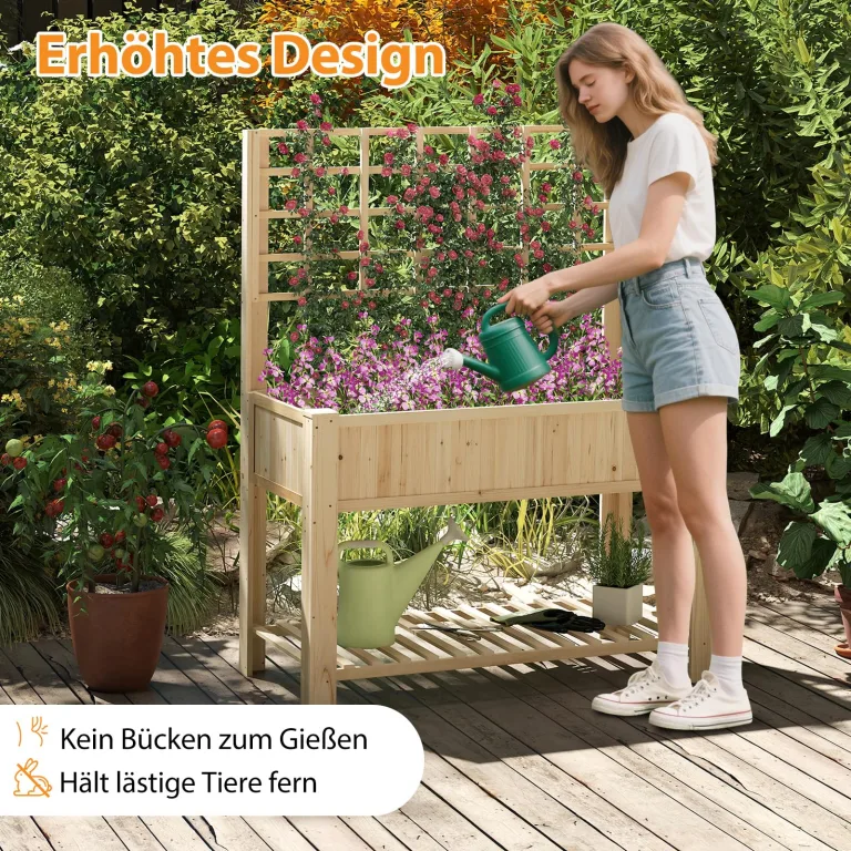 COSTWAY Hochbeet mit Spalier und Ablage, Blumenbeet mit Ablauflöchern, Gartenbeet Pflanzkasten Holz, Blumenkasten mit Rankgitter für Kletterpflanzen, Garten Balkon Terrasse, 116 x 59 x 150 cm (Natur) – Bild 2