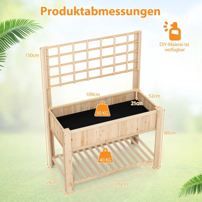 COSTWAY Hochbeet mit Spalier und Ablage, Blumenbeet mit Ablauflöchern, Gartenbeet Pflanzkasten Holz, Blumenkasten mit Rankgitter für Kletterpflanzen, Garten Balkon Terrasse, 116 x 59 x 150 cm (Natur) – Bild 6
