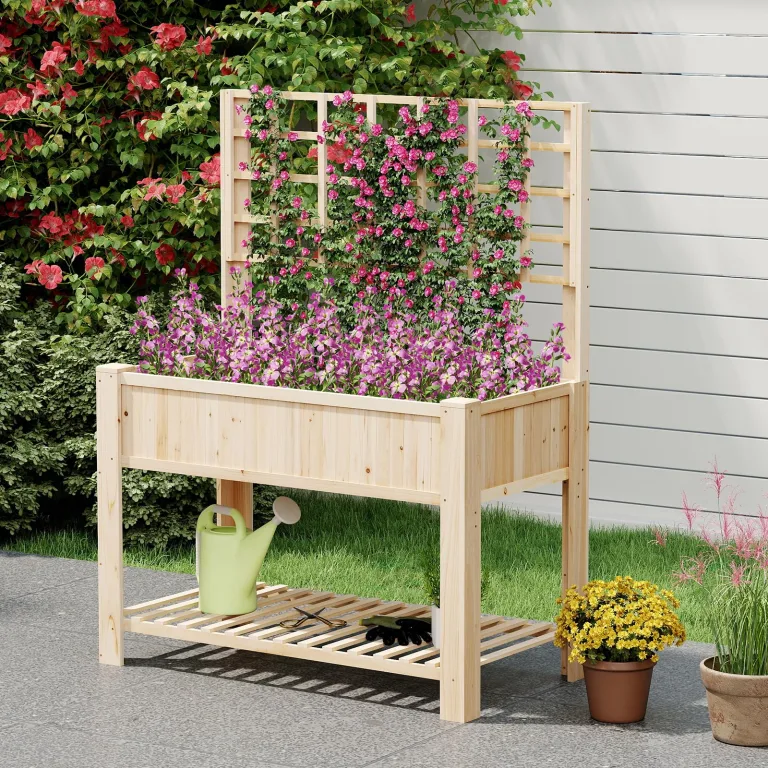 COSTWAY Hochbeet mit Spalier und Ablage, Blumenbeet mit Ablauflöchern, Gartenbeet Pflanzkasten Holz, Blumenkasten mit Rankgitter für Kletterpflanzen, Garten Balkon Terrasse, 116 x 59 x 150 cm (Natur) – Bild 9