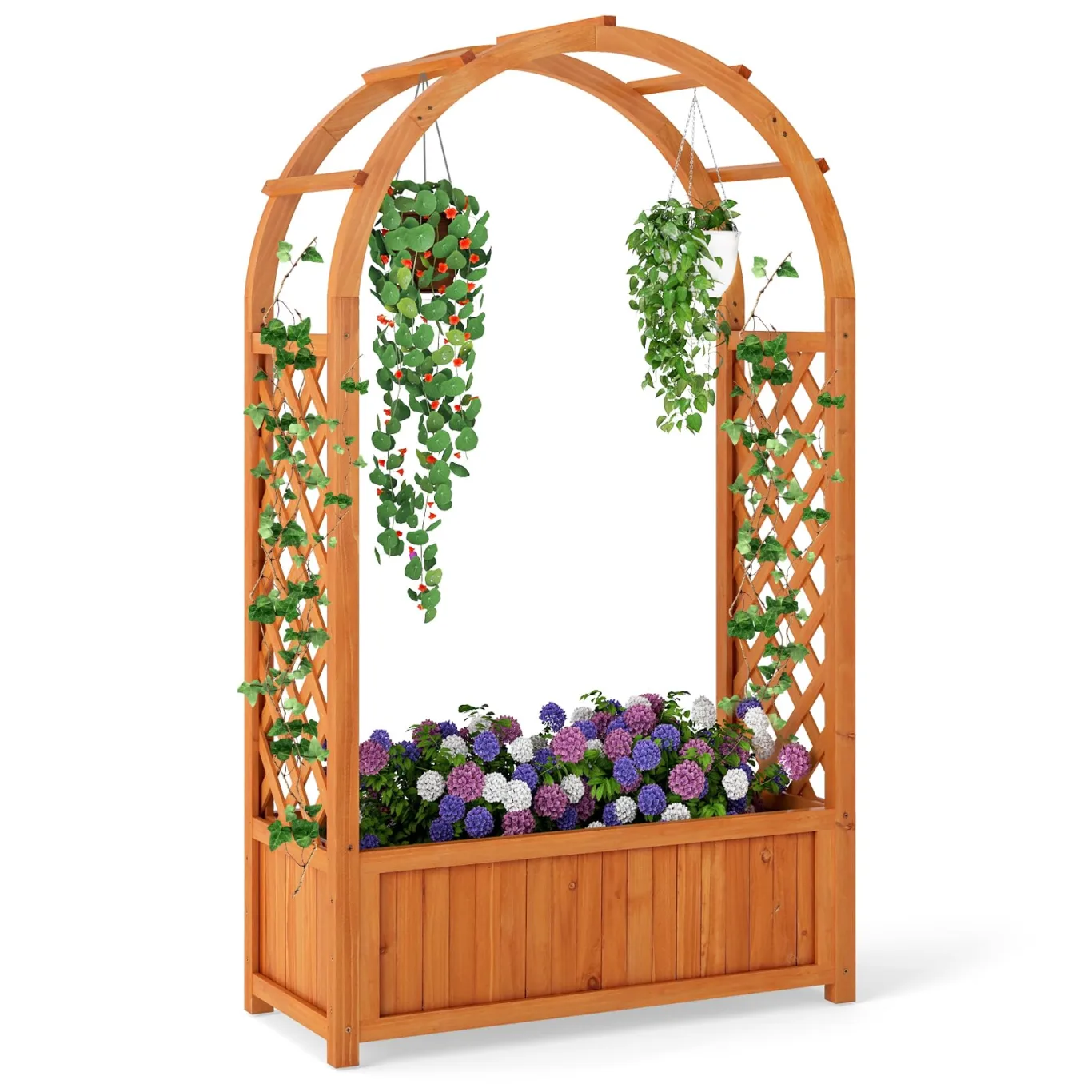 COSTWAY Blumenkasten mit Rankgitter, Hochbeet mit Spalier & Gebogendach, Rosenbogen mit Pflanzkasten & Abflusslöchern, Pflanzkübel für Balkon Hof Garten, Holz, 83 x 36 x 146 cm, Braun - Bild 1