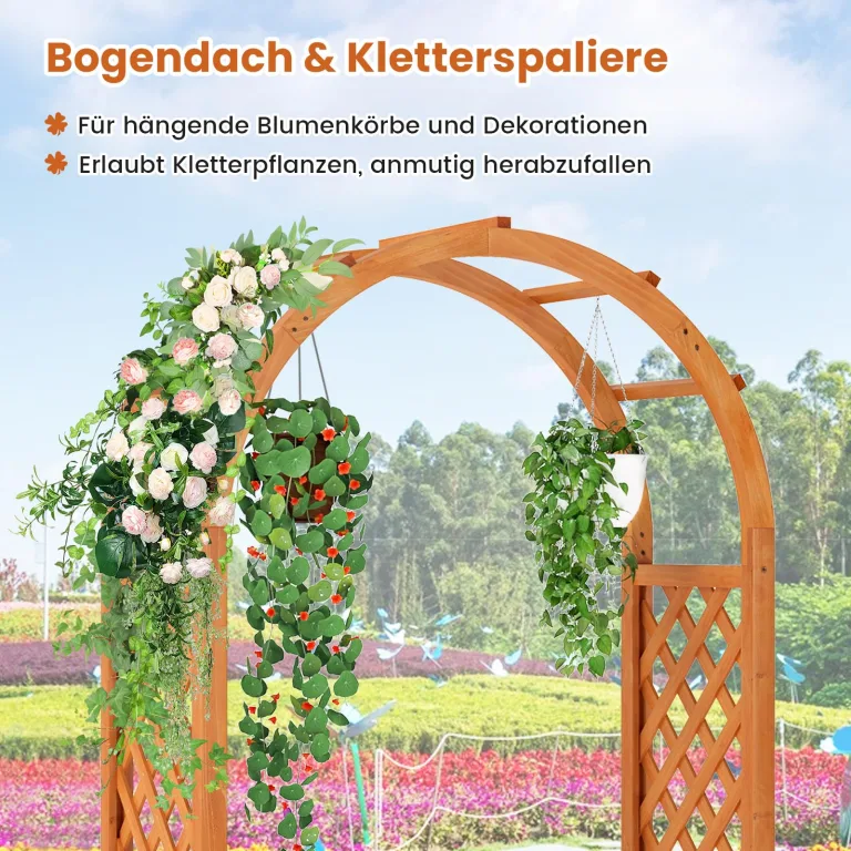 COSTWAY Blumenkasten mit Rankgitter, Hochbeet mit Spalier & Gebogendach, Rosenbogen mit Pflanzkasten & Abflusslöchern, Pflanzkübel für Balkon Hof Garten, Holz, 83 x 36 x 146 cm, Braun – Bild 4