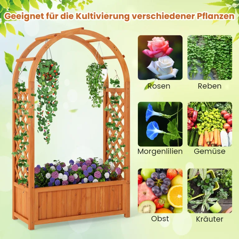 COSTWAY Blumenkasten mit Rankgitter, Hochbeet mit Spalier & Gebogendach, Rosenbogen mit Pflanzkasten & Abflusslöchern, Pflanzkübel für Balkon Hof Garten, Holz, 83 x 36 x 146 cm, Braun – Bild 7