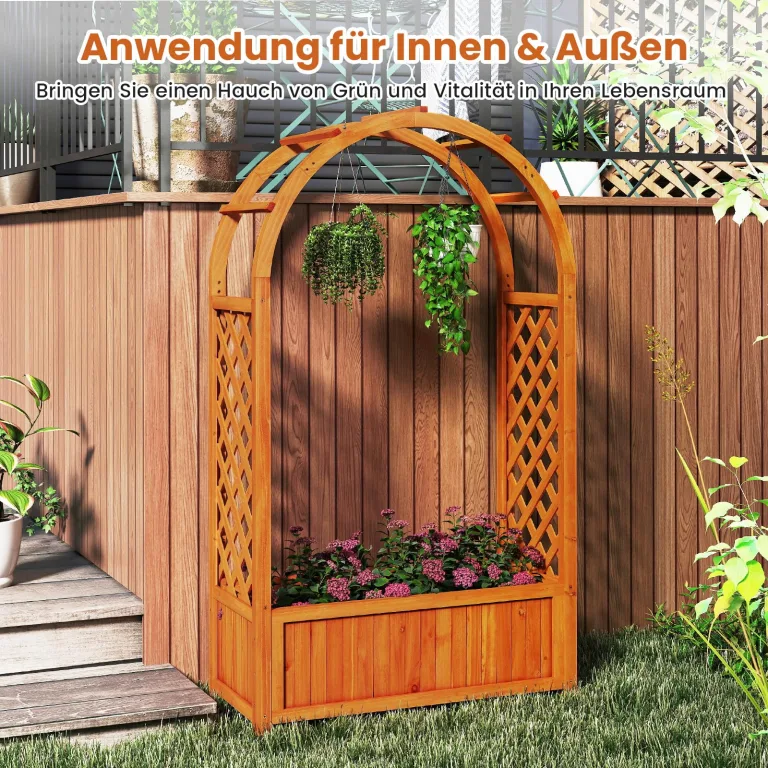 COSTWAY Blumenkasten mit Rankgitter, Hochbeet mit Spalier & Gebogendach, Rosenbogen mit Pflanzkasten & Abflusslöchern, Pflanzkübel für Balkon Hof Garten, Holz, 83 x 36 x 146 cm, Braun – Bild 9