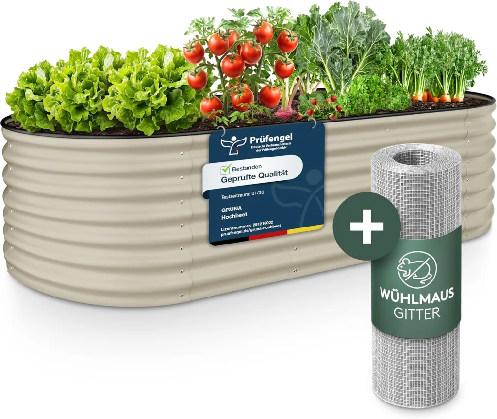 GRUNA - Hochbeet Metall 200x60x42 cm I 6 in 1 Modular Hochbeete-Kit I 100% Rostfrei I Formstabil Dank Verstrebung I Hochbeete für Garten I Hochbeet Creme Weiß (200x60x42)