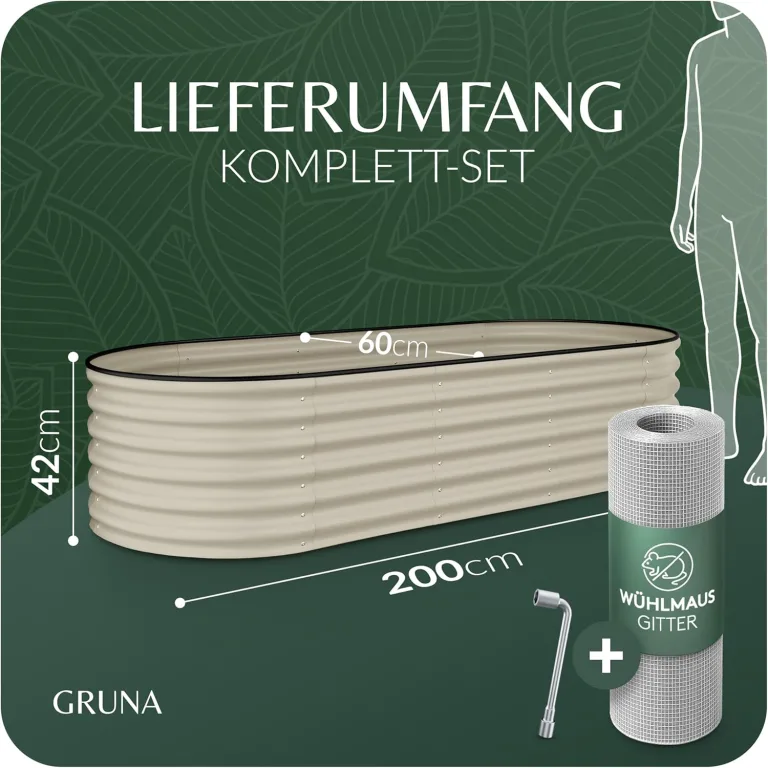 GRUNA - Hochbeet Metall 200x60x42 cm I 6 in 1 Modular Hochbeete-Kit I 100% Rostfrei I Formstabil Dank Verstrebung I Hochbeete für Garten I Hochbeet Creme Weiß (200x60x42) – Bild 3
