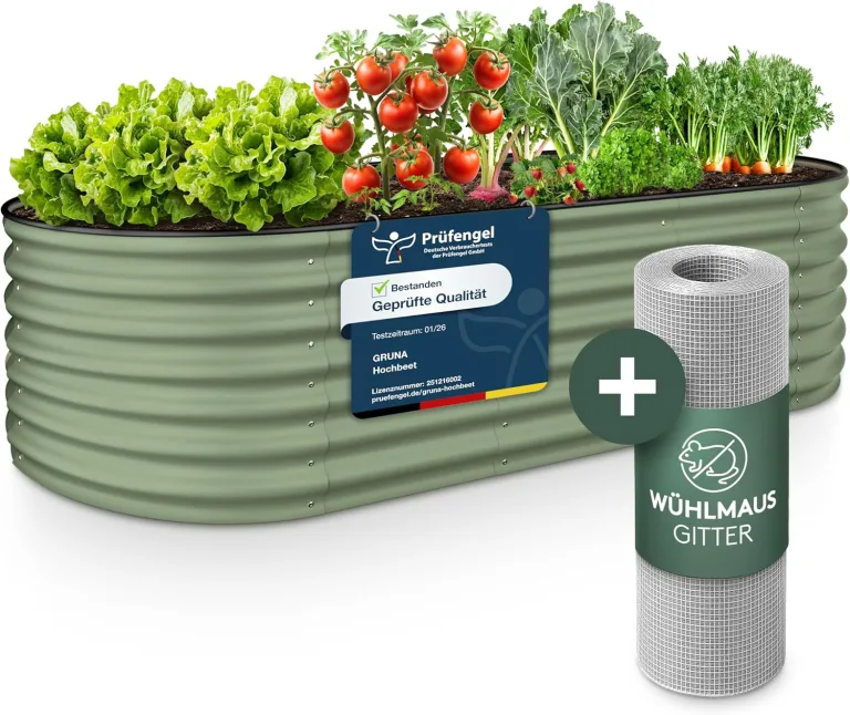 GRUNA - Hochbeet Metall 200x60x75 cm I 6 in 1 Modular Hochbeete-Kit I 100% Rostfrei I Formstabil Dank Verstrebung I Hochbeete für Garten I Hochbeet Grün (200x60x75) – Bild 7