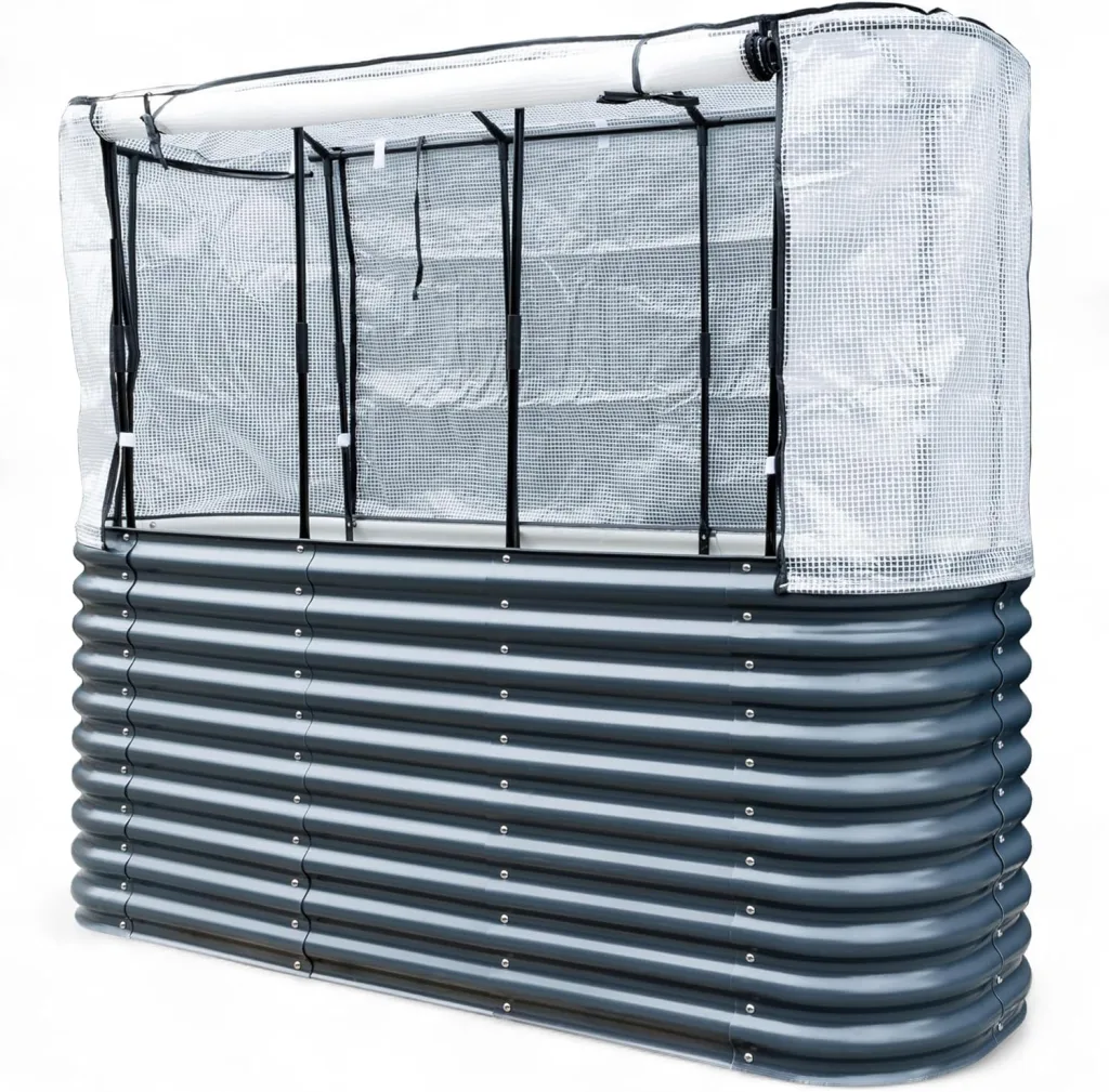 Hochbeet Garten Balkon mit integriertem Gewächshaus 195 x 60 x 170cm (LBH) | stahlverzinktes & pulverbeschichtetes 0,6mm Metall anthrazit - Edelstahlschrauben | witterungsbeständig - Schädlingsschutz