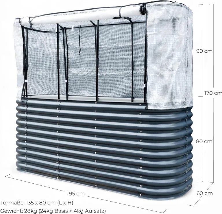 Hochbeet Garten Balkon mit integriertem Gewächshaus 195 x 60 x 170cm (LBH) | stahlverzinktes & pulverbeschichtetes 0,6mm Metall anthrazit - Edelstahlschrauben | witterungsbeständig - Schädlingsschutz – Bild 3