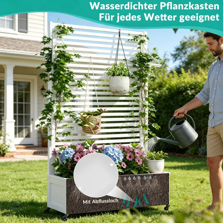 Pflanzkasten aus Metall für den Außenbereich mit Spalier, Hochbeet aus Metall mit Rad, freistehender Sichtschutz-Pflanzkasten für Blumen, Gemüse im Garten, auf der Terrasse, auf dem Balkon – Bild 3