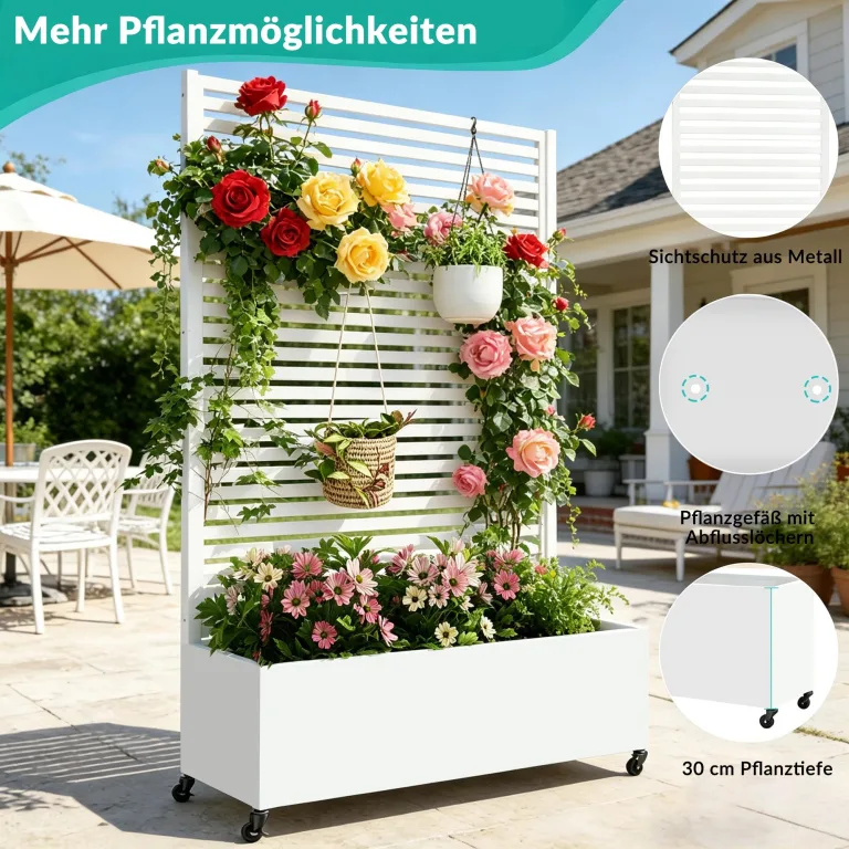 Pflanzkasten aus Metall für den Außenbereich mit Spalier, Hochbeet aus Metall mit Rad, freistehender Sichtschutz-Pflanzkasten für Blumen, Gemüse im Garten, auf der Terrasse, auf dem Balkon – Bild 4