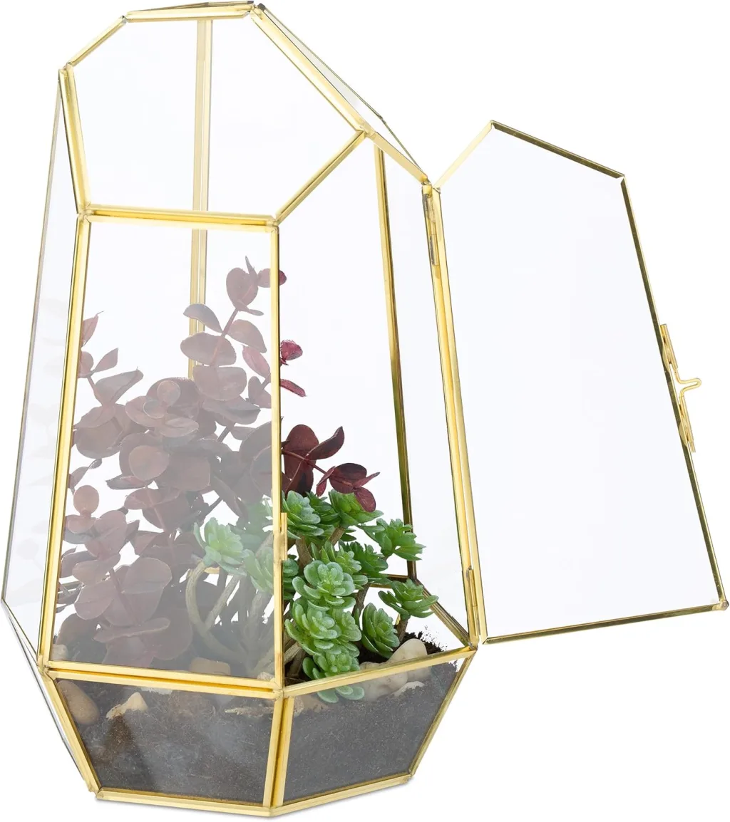 Relaxdays Pflanzenterrarium, Glas & Kupfer, HBT: 26x18x15 cm, Glaskasten Kakteen & Moos, geometrisch, Fensterbank, gold