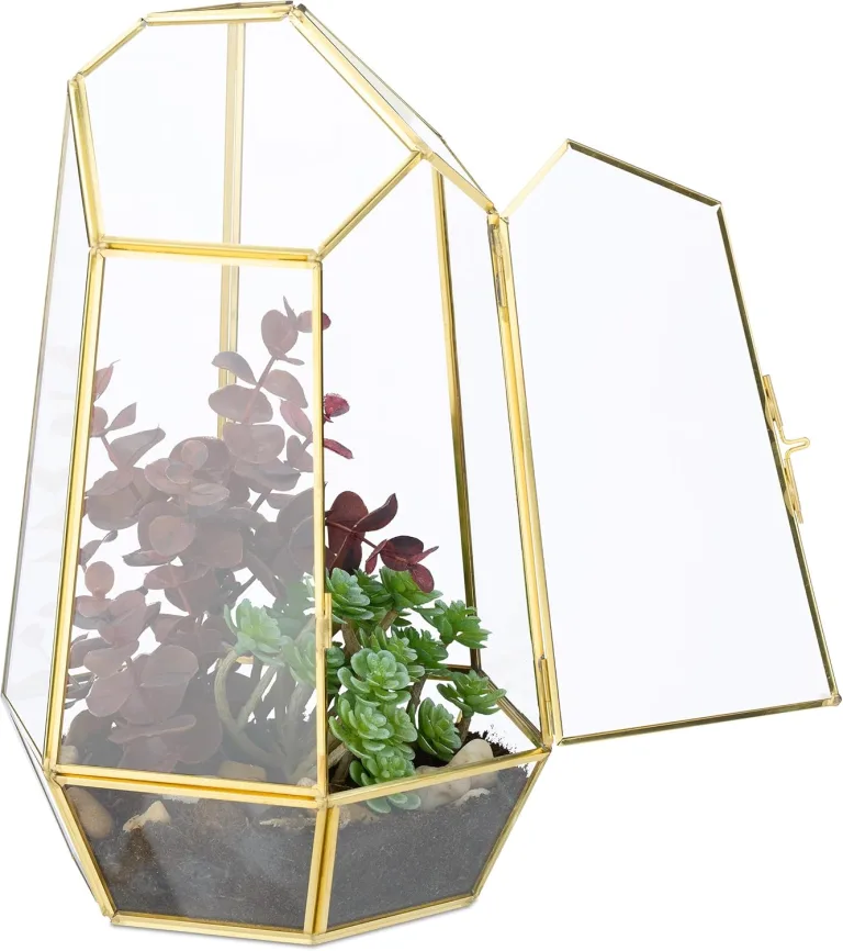 Relaxdays Pflanzenterrarium, Glas & Kupfer, HBT: 26x18x15 cm, Glaskasten Kakteen & Moos, geometrisch, Fensterbank, gold – Bild 1