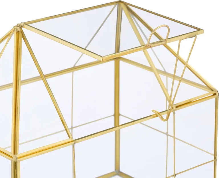 Relaxdays Pflanzenterrarium, Glas & Kupfer, HBT: 21x23x14 cm, Deko Glashaus Kakteen & Moos, Glaskasten Fensterbank, gold – Bild 5