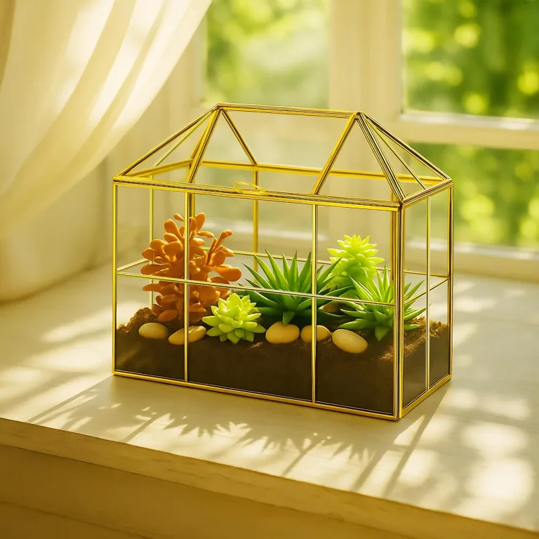Relaxdays Pflanzenterrarium, Glas & Kupfer, HBT: 27x30x15 cm Deko Glashaus Kakteen & Moos, Glaskasten Fensterbank, gold – Bild 2