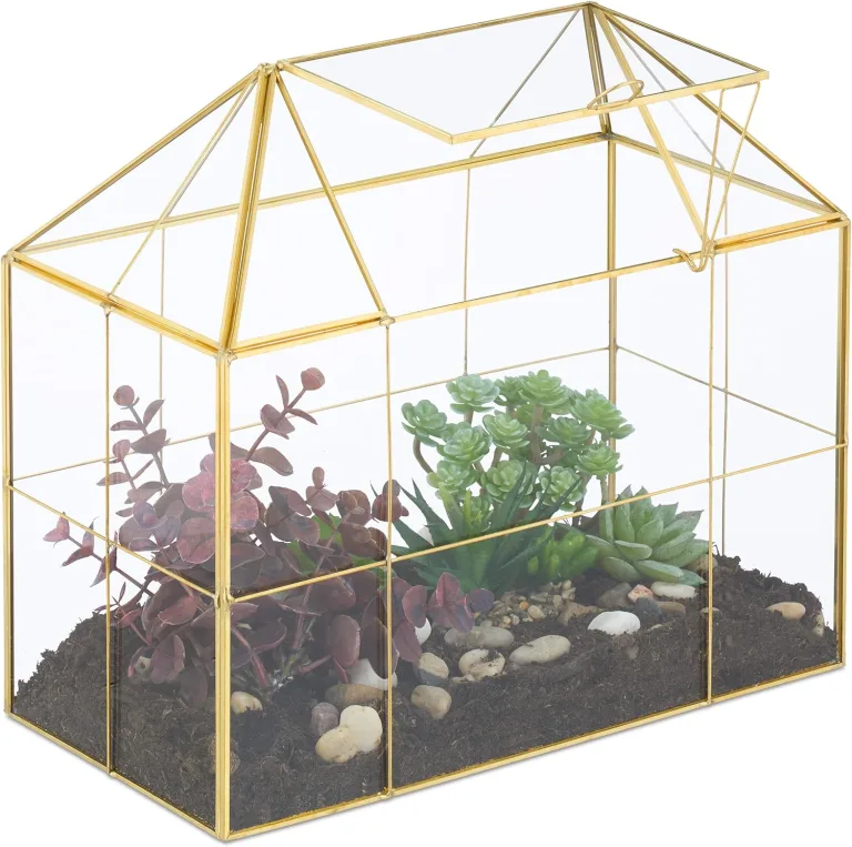 Relaxdays Pflanzenterrarium, Glas & Kupfer, HBT: 27x30x15 cm Deko Glashaus Kakteen & Moos, Glaskasten Fensterbank, gold – Bild 1