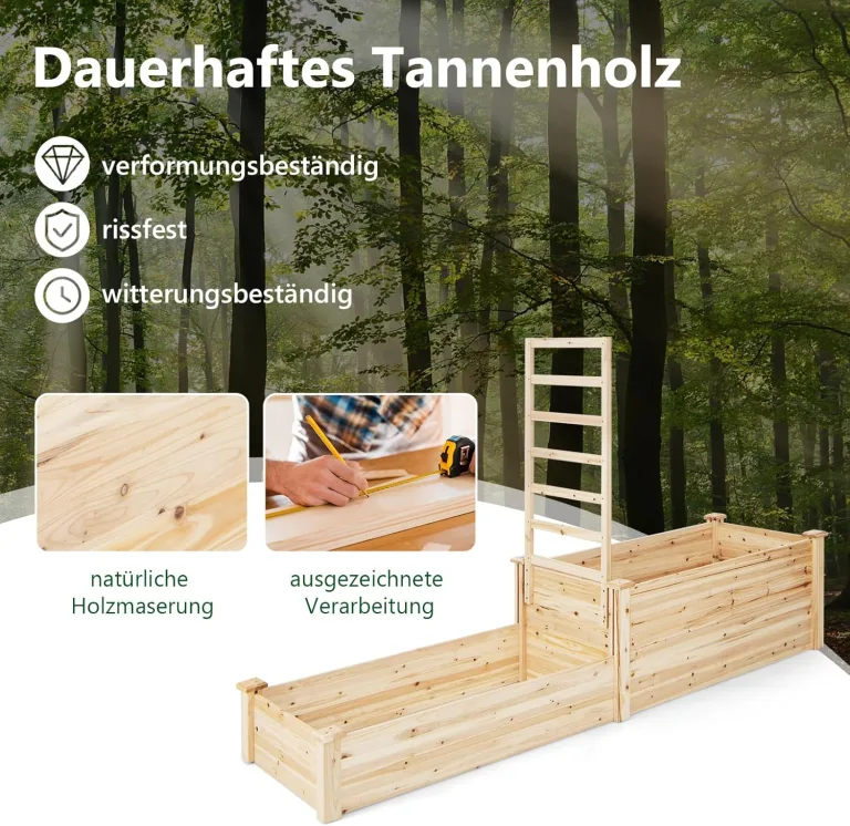 COSTWAY Hochbeet mit Rankgitter, Blumenkasten mit Spalier, Pflanzkasten aus Tannenholz, Gartenspalier mit Rankkasten, Blumenkübel für Kletterpflanze Balkon Garten Terrasse, Natur, 223x64x134 cm – Bild 4